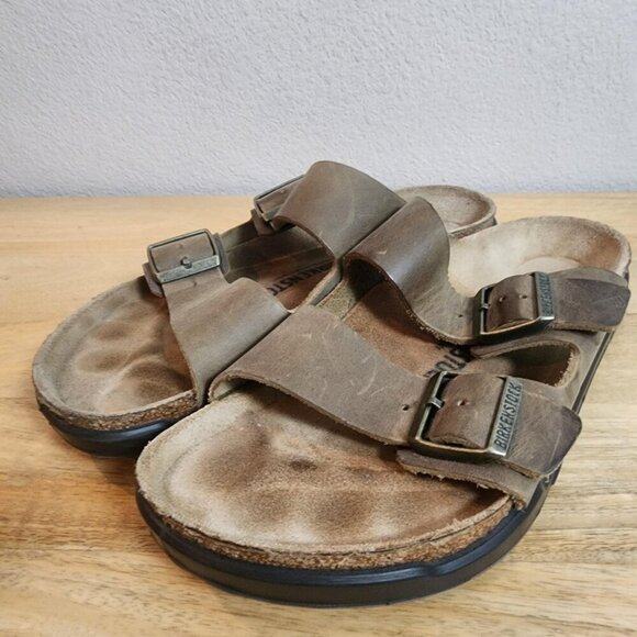 Birkenstock Sandals Mens Size 9 Brown Leather Two Strap Slide Shoes Germany main image 5